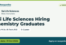 Sai Life Sciences Hiring Chemistry Graduates, last date 31 Oct 2026