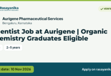 Scientist Job at Aurigene |  Organic Chemistry Graduates Eligible – Aurigene Pharmaceutical Services, last date 10 Nov 2026