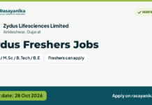 Zydus Freshers Jobs – Zydus Lifesciences Limited, last date 28 Oct 2026