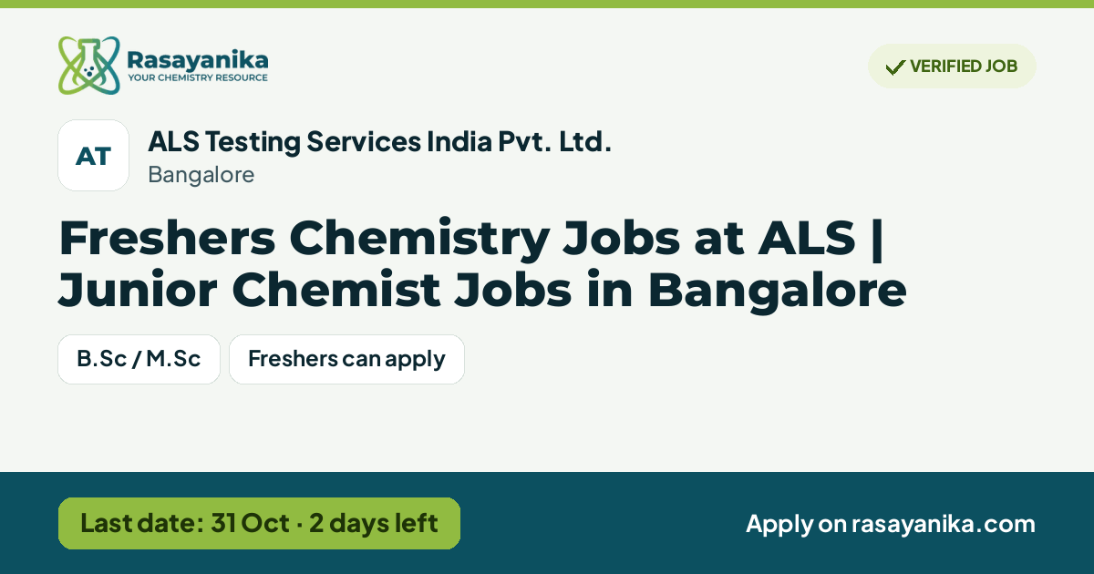 Freshers Chemistry Jobs at ALS | Jobs in Bangalore